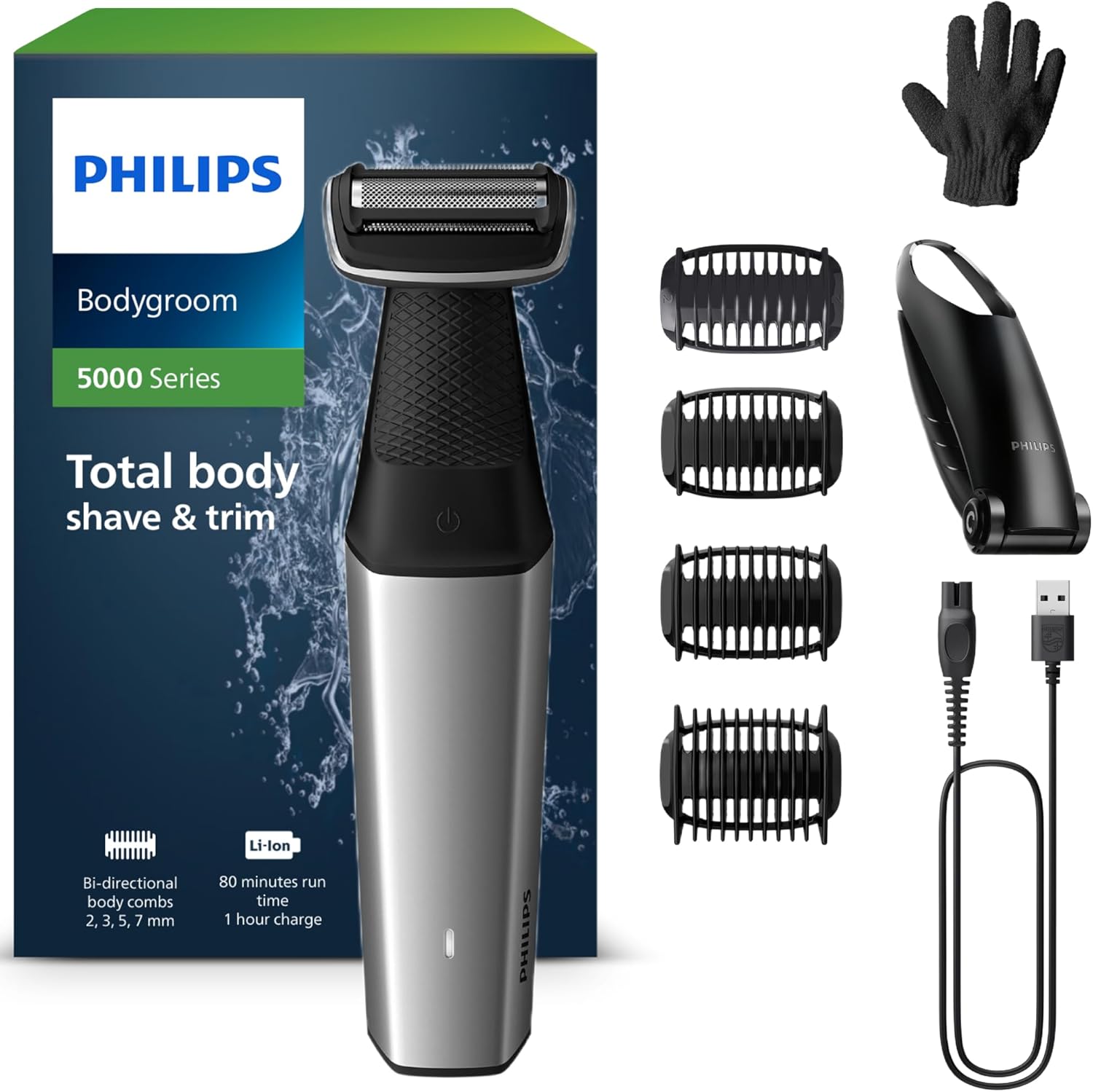 Philips Bodygroom Series 5000 BG5021/16 – Körperrasierer Herren, Intimrasierer & Trimmer, wasserdicht, Rückenaufsatz, 60 Min. Laufzeit - SmartRasur