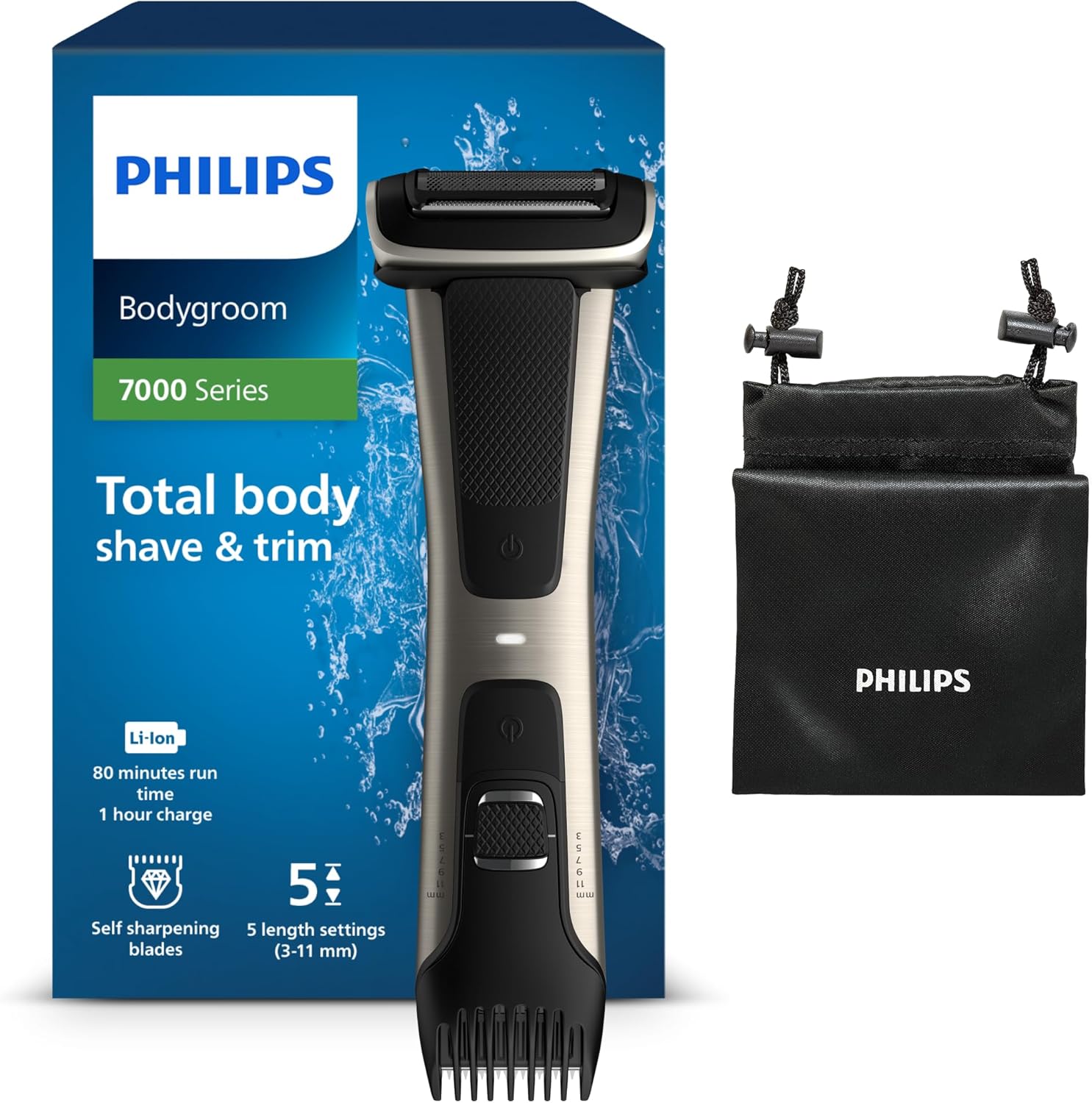 Philips Bodygroom Series 7000 BG7025/15 – Bodygroomer Herren, 2 - in - 1 Rasierer & Trimmer, 5 Längeneinstellungen, 80 Min. Laufzeit - SmartRasur