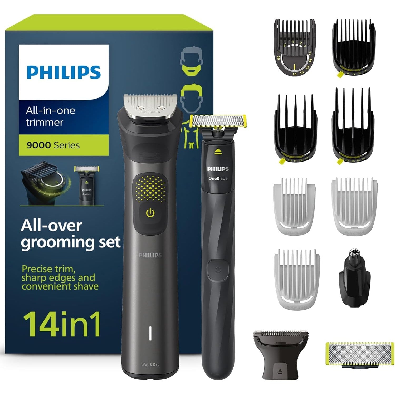 Philips Multigroom Series 9000 MG9550/15 – 14 - in - 1 Trimmer Herren, Barttrimmer & Haarschneider mit OneBlade, 27 Längeneinstellungen, 120 Min. Laufzeit - SmartRasur