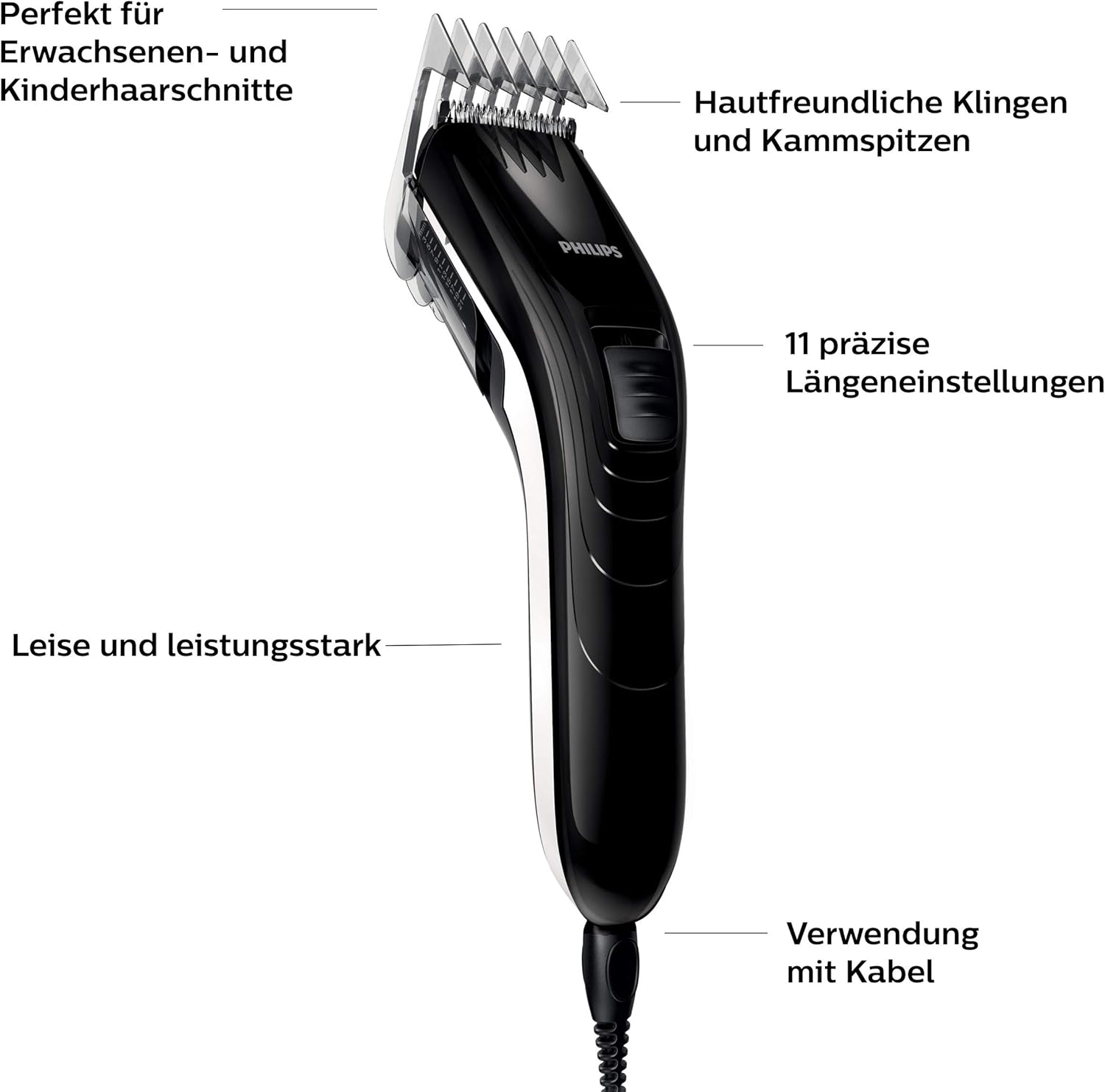 Philips Haarschneider QC5115/15 – Haarschneidemaschine für die ganze Familie, 11 Längeneinstellungen, Edelstahlklingen, kabelbetrieben - SmartRasur