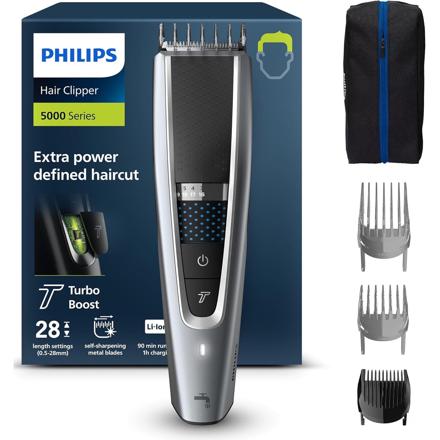 Philips Haarschneider Series 5000 HC5630/15 – Haarschneidemaschine Herren, 28 Längeneinstellungen, Turbo - Modus, 3 Aufsätze, 90 Min. Laufzeit - SmartRasur