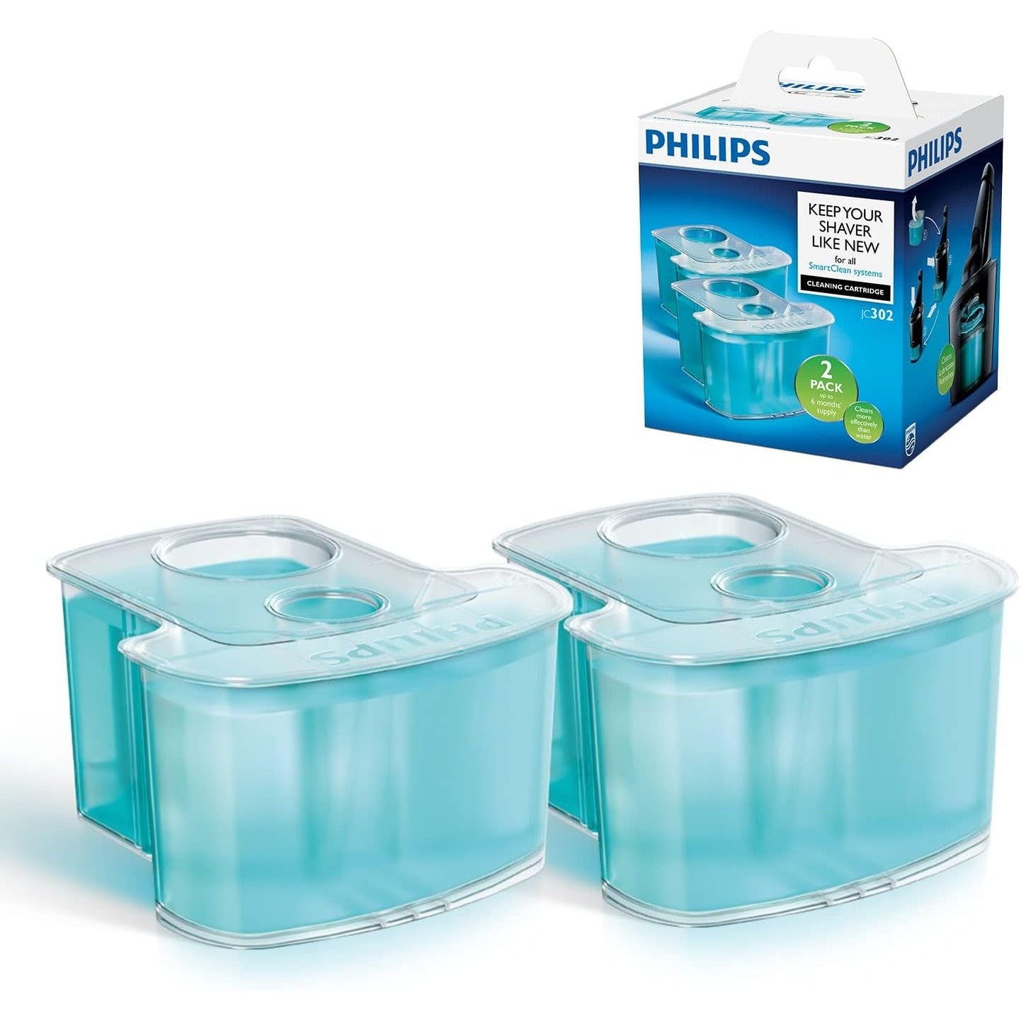 Philips JC302/50 Reinigungskartuschen – 2er - Pack für SmartClean - System, Dual - Filter, alkoholfrei, hautfreundliche Formel - SmartRasur