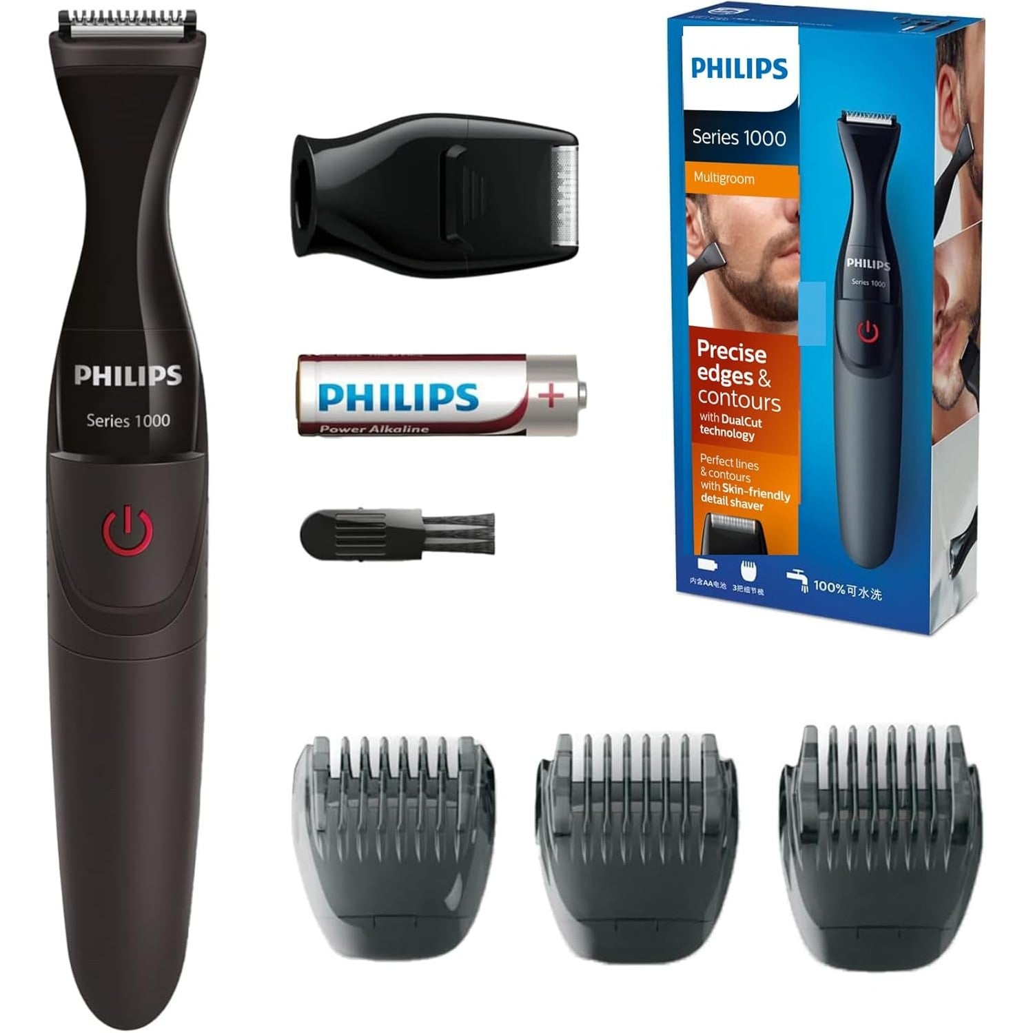 Philips Multigroom Series 1000 MG1100/16 – Präziser Barttrimmer & Detailstyler Herren, DualCut - Technologie, 3 Kämme, batteriebetrieben - SmartRasur