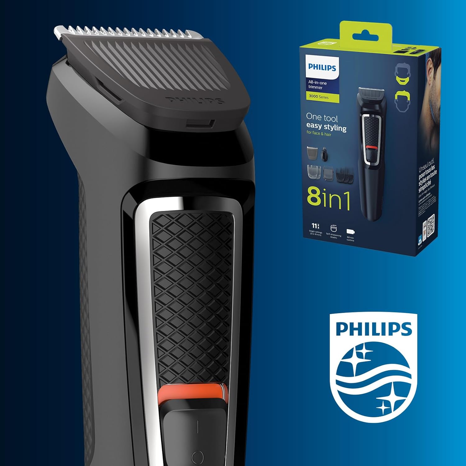 Philips Multigroom Series 3000 MG3730/15 – 7 - in - 1 All - in - One - Trimmer Herren, Bart - & Haarschneider, 11 Längeneinstellungen, 60 Min. Akku - SmartRasur