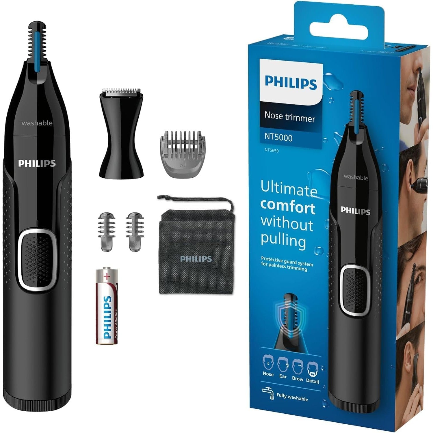 Philips Nasentrimmer 5000 NT5650/16 – Trimmer für Nase, Ohren & Augenbrauen, PrecisionTrim, wasserdicht, inkl. Aufsätze & Beutel - SmartRasur