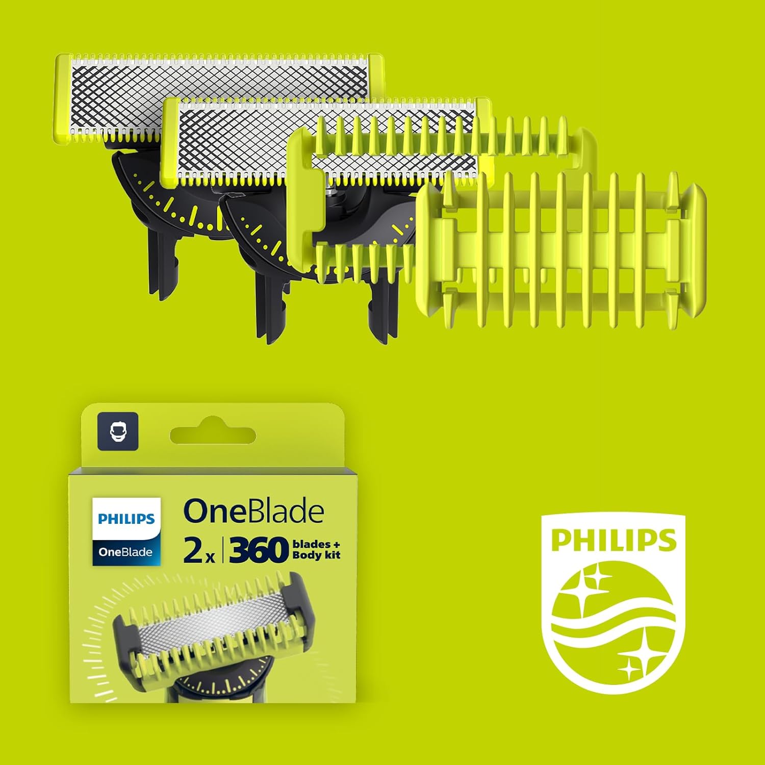 Philips OneBlade 360 Ersatzklingen QP624/50 – 2x Original - Klingen für OneBlade & Pro, inkl. Body - Kit mit Hautschutz & Kammaufsatz - SmartRasur