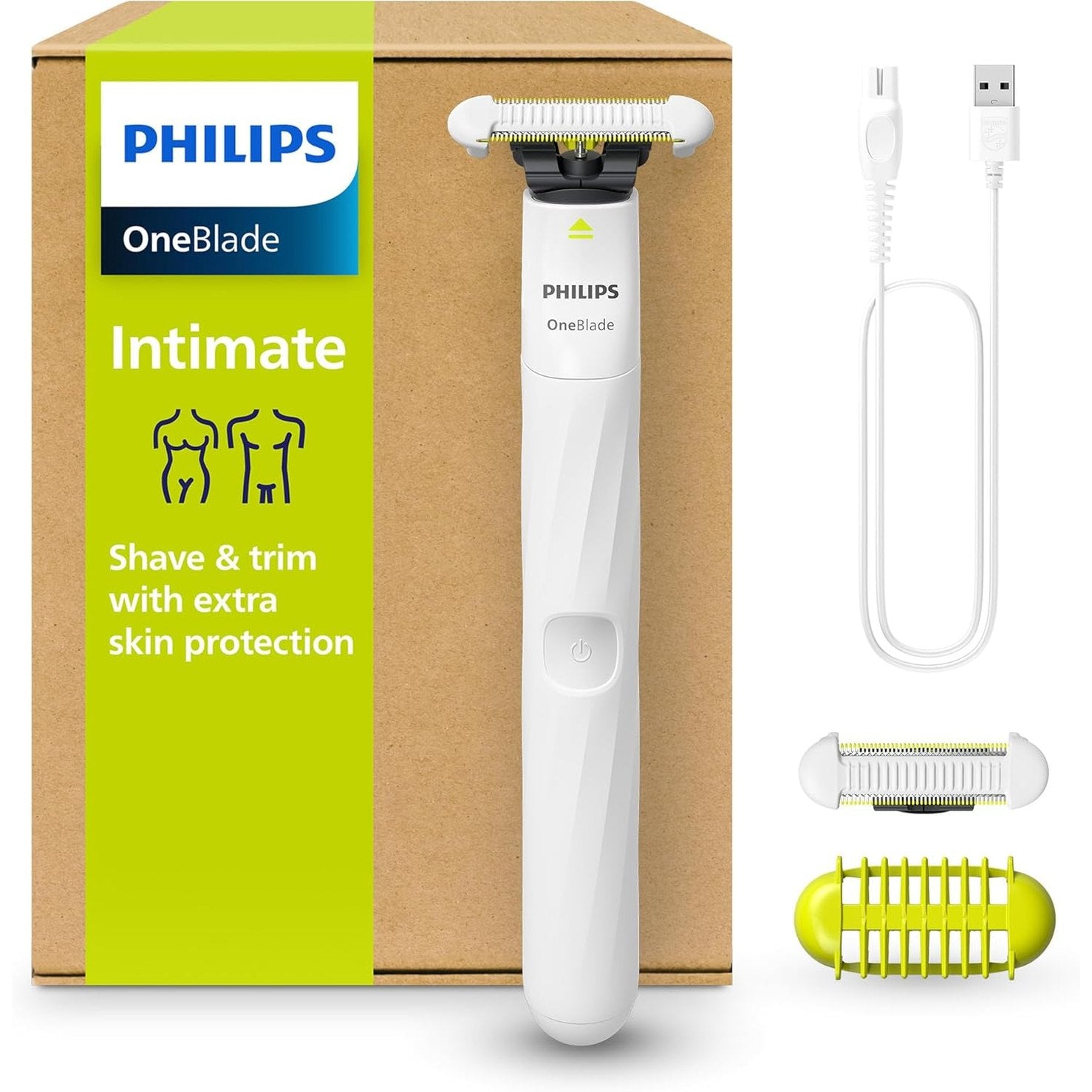 Philips OneBlade Intimate QP1924/30 – Elektrischer Intimrasierer & Trimmer für Frauen & Männer, 2x SkinProtect Klingen, 3 - mm Aufsatz - SmartRasur