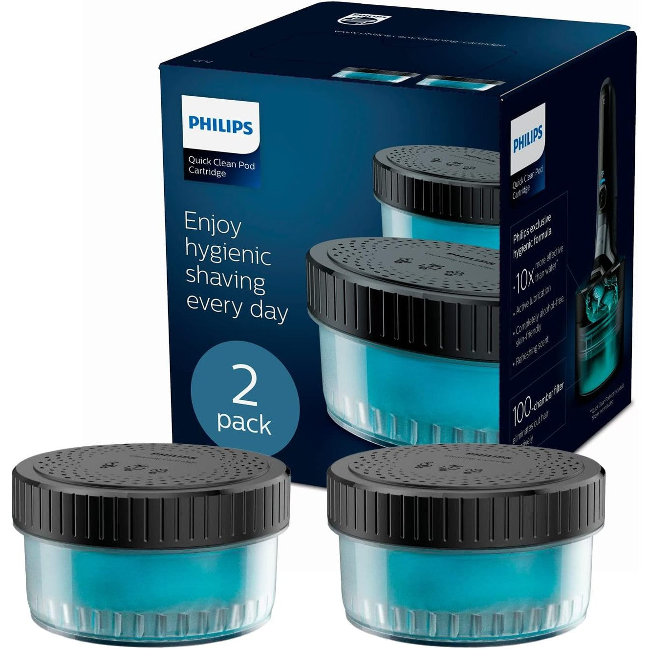 Philips Quick Clean Reinigungskartusche CC12/50 – 2er - Pack Ersatzkartuschen für Rasierer, alkoholfrei, mit frischem Duft - SmartRasur