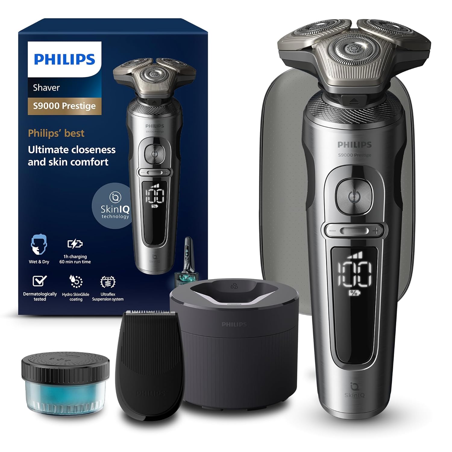Philips Shaver S9000 Prestige SP9841/32 – Elektrischer Nass - & Trockenrasierer, SkinIQ, Lift & Cut System, Trimmer, Reinigungsstation, Reiseetui - SmartRasur