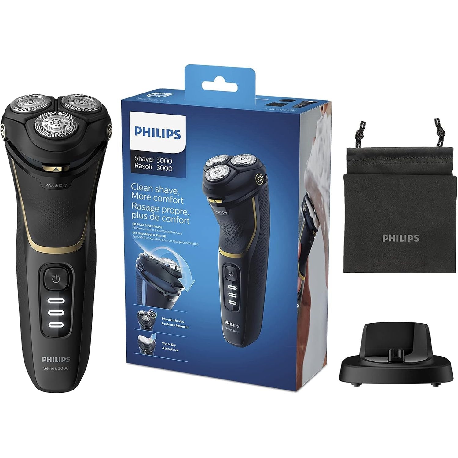 Philips Shaver Series 3000 – Nass - & Trockenrasierer Herren, Noir Gold, 5D Pivot & Flex - Köpfe, Pop - up - Trimmer, 60 Min. Laufzeit - SmartRasur