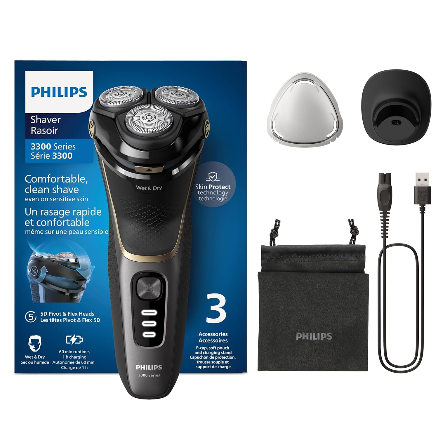 Philips Shaver Series 3000 S3342/13 – Elektrorasierer Herren Nass & Trocken, SkinProtect, PowerCut - System, 5D - Scherkopf, Schwarz - SmartRasur