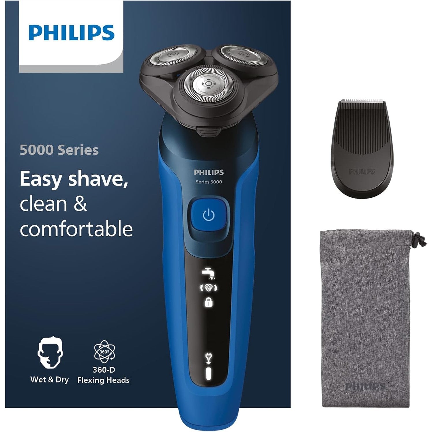 Philips Shaver Series 5000 S5466/18 – Elektrorasierer Herren Nass & Trocken, SteelPrecision, 360° - Scherkopf, Präzisionstrimmer, Blau - SmartRasur