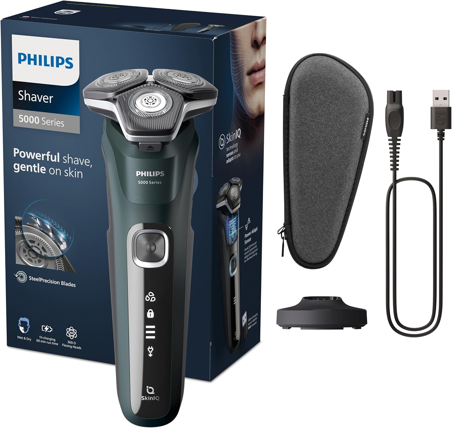 Philips Shaver Series 5000 S5884/35 – Elektrischer Nass - & Trockenrasierer, SkinIQ, Trimmer, Ladestation & Reiseetui - SmartRasur