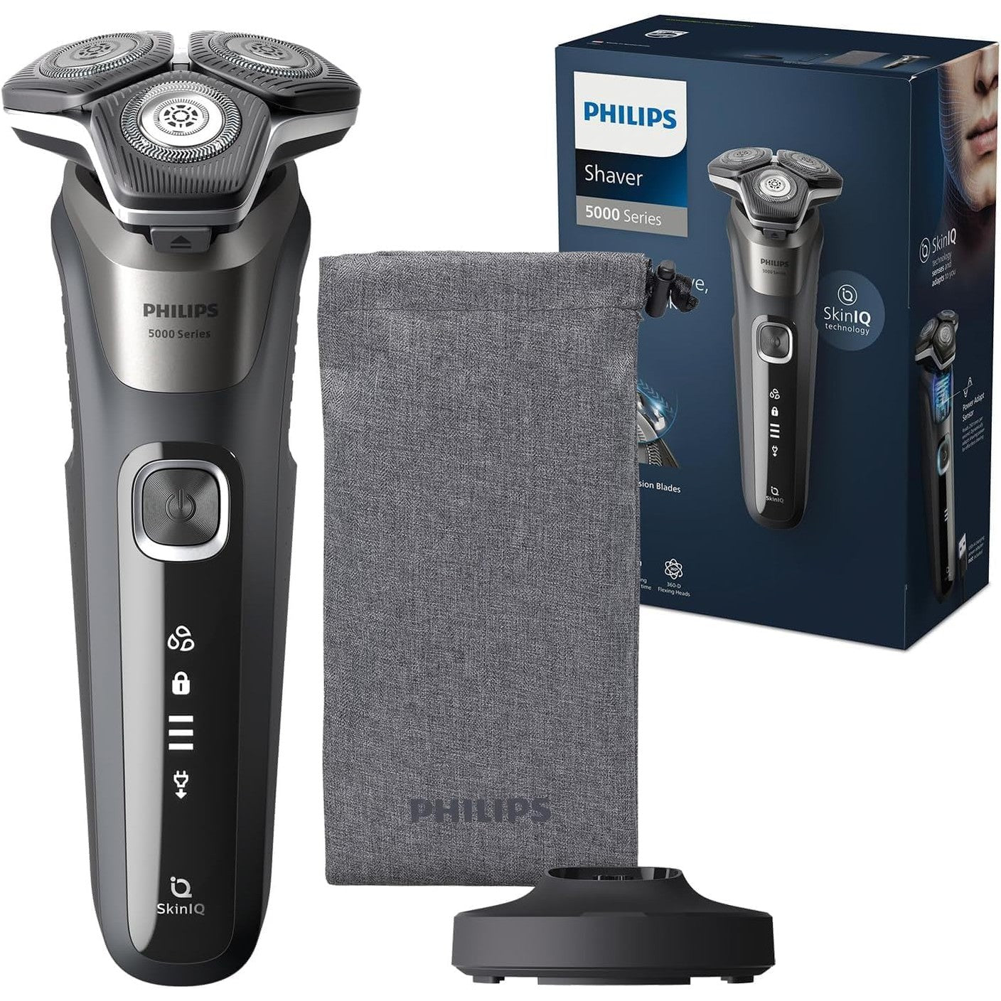 Philips Shaver Series 5000 S5887/13 – Elektrorasierer Herren Nass & Trocken, SkinIQ, 360° - Scherkopf, Trimmer, Reisetasche, Ladestation - SmartRasur