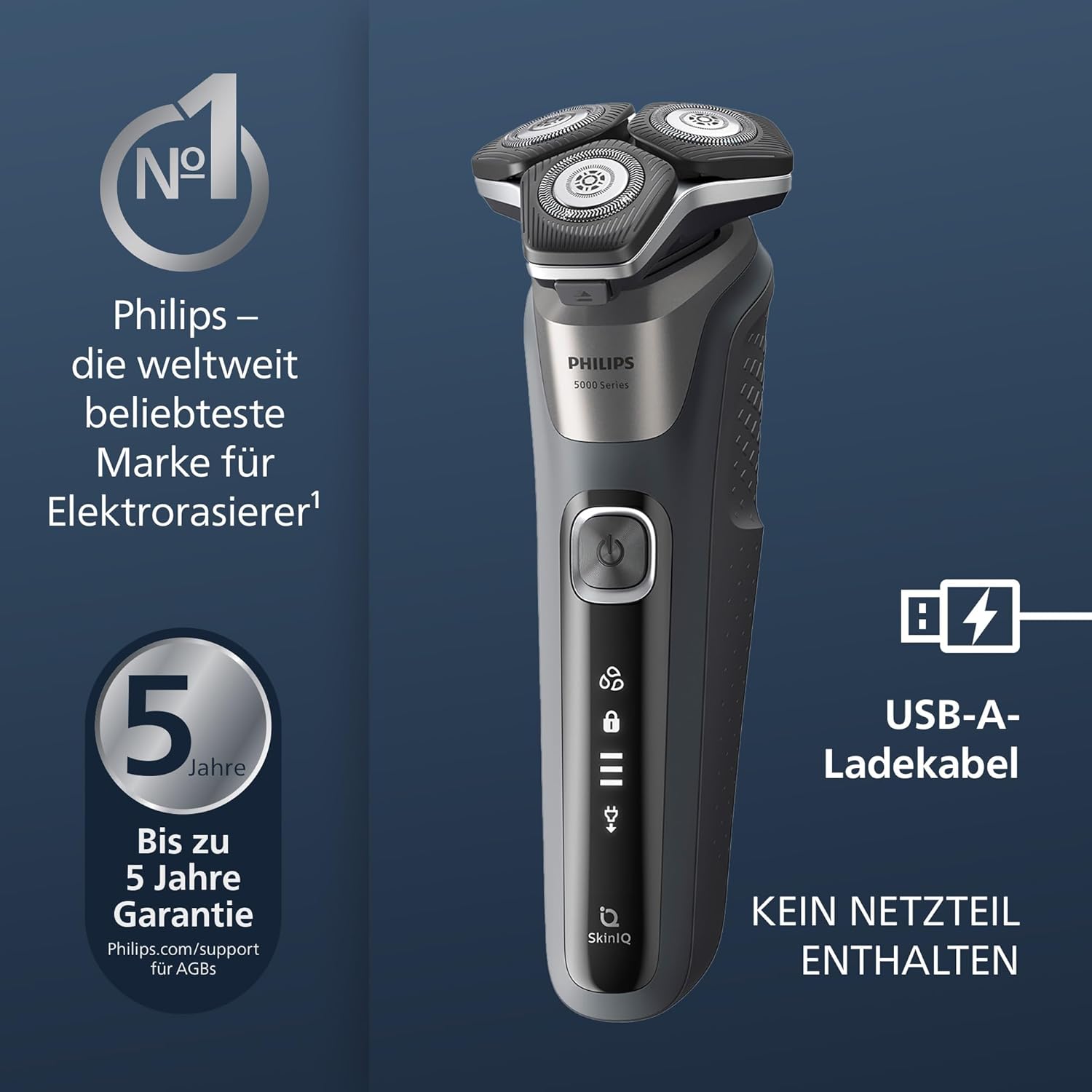 Philips Shaver Series 5000 S5887/13 – Elektrorasierer Herren Nass & Trocken, SkinIQ, 360° - Scherkopf, Trimmer, Reisetasche, Ladestation - SmartRasur