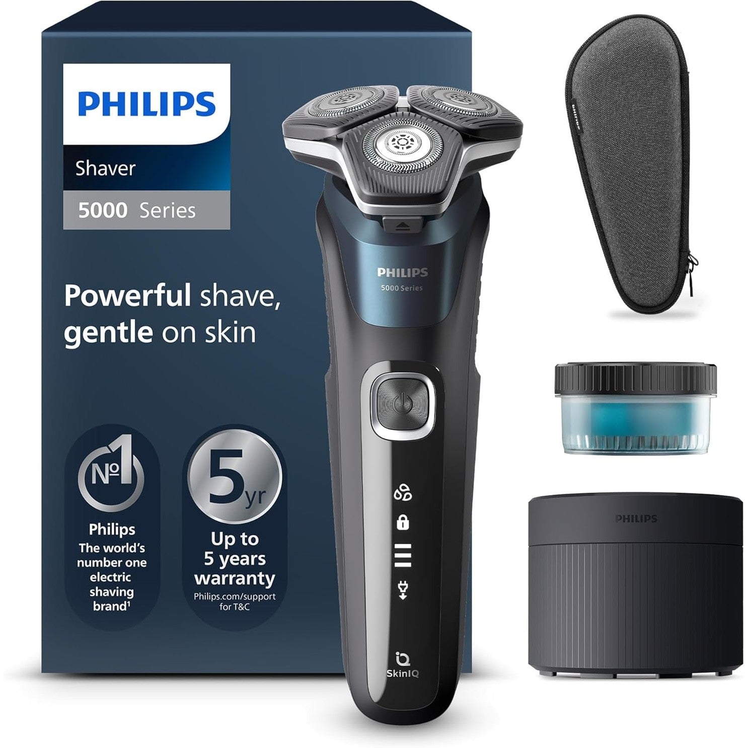 Philips Shaver Series 5000 S5889/50 – Elektrorasierer Herren Nass & Trocken, SkinIQ, 360° - Scherkopf, Trimmer, Reinigungsstation, Reiseetui - SmartRasur