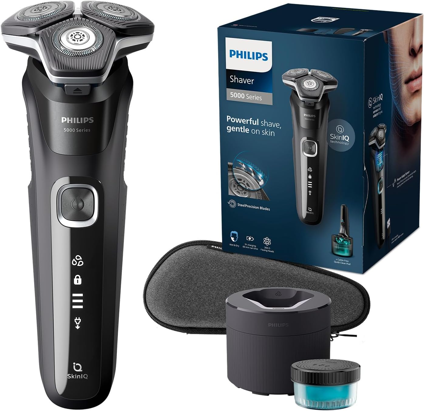Philips Shaver Series 5000 S5898/50 – Elektrorasierer Herren Nass & Trocken, SkinIQ, 360° - Scherkopf, Trimmer, Reinigungsstation, Reiseetui - SmartRasur
