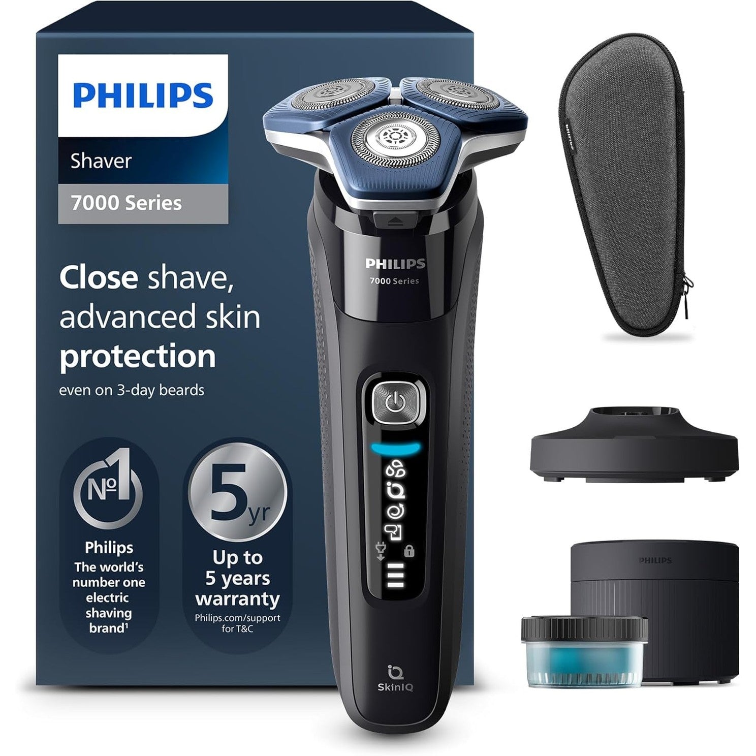 Philips Shaver Series 7000 S7886/55 – Elektrorasierer Herren Nass & Trocken, SkinIQ, 360° - Scherkopf, Trimmer, Reinigungsstation, Reiseetui - SmartRasur