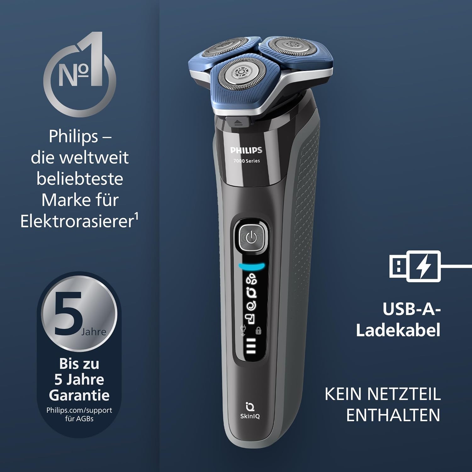 Philips Shaver Series 7000 S7887/35 – Elektrorasierer Herren Nass & Trocken, SkinIQ, 360° - Scherkopf, Trimmer, Reiseetui - SmartRasur