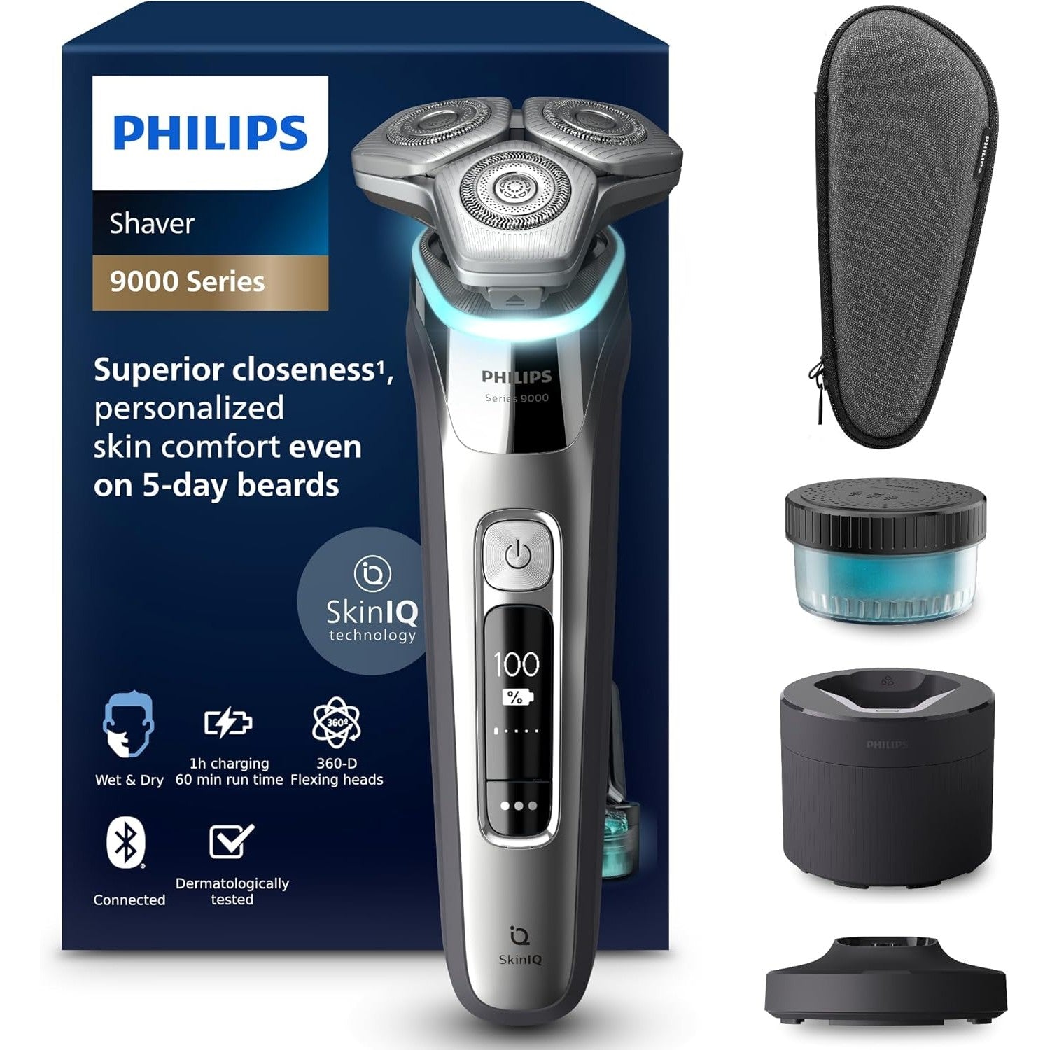 Philips Shaver Series 9000 S9974/55 – Elektrorasierer Herren Nass & Trocken, Lift & Cut, SkinIQ, Pressure Guard, Trimmer, Reinigungsstation - SmartRasur